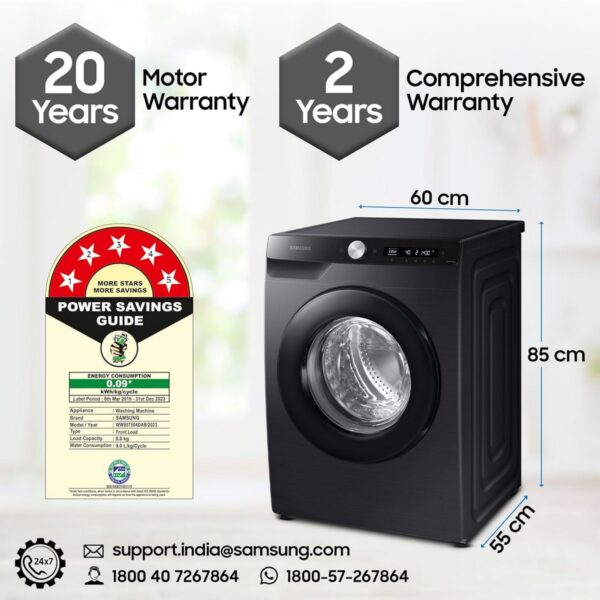 Samsung 8 kg 5 star Eco Bubble Technology AI Control Wi Fi Fully Automatic Front Load Washing Machine (WW80T504DAB1TL Hygiene Steam Black Caviar Awarded as Washing Machine Brand of the year)3