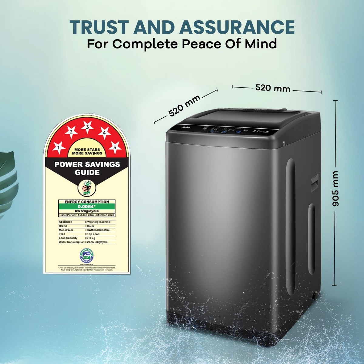 Haier 7 Kg 5 Star Oceanus Wave Technology Toughened Glass Fully Automatic Top Loading Washing Machine HWM70 306S8 Ultra Fresh Air Near Zero Pressure Dark Jade Silver3