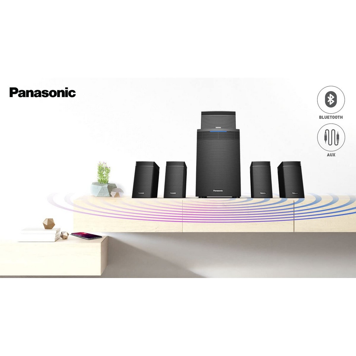 Panasonic SC HT550GW K 5.1 Ch Home Theatre with Real Surround Sound 150 W Bluetooth USB AUX RCA Powerful Subwoofer Wall mountable Speakers Remote for Volume Bass Control Black5